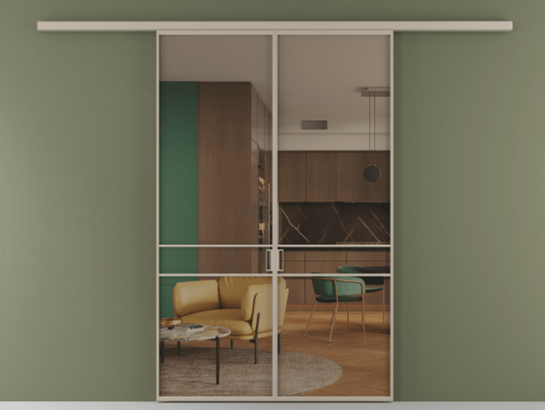 Перегородка Формато вдоль стены 2 створки АЛПР 040.02 Алюминий бисквитный Прозрачное бронзовое стекло, триплекс Цена 39676350 so'm | Volhovec