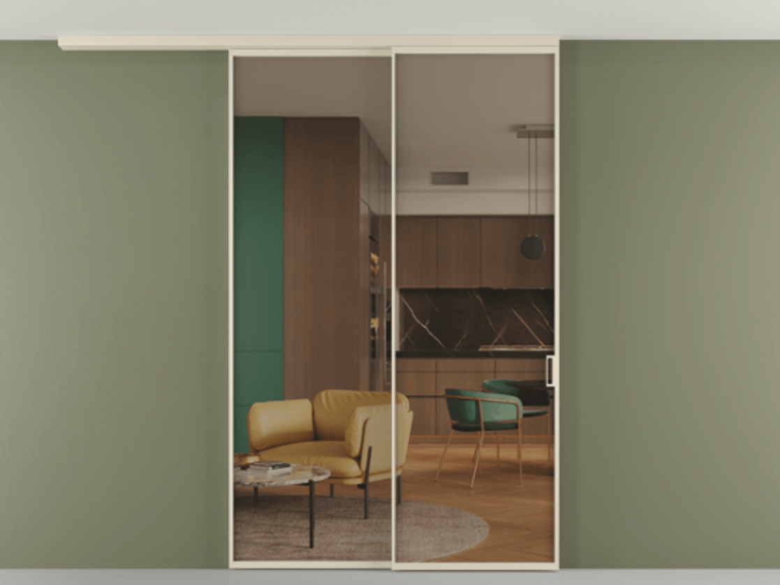 Перегородка Формато вдоль стены на потолок 2 створки с синхронным механизмом АЛПР 040.01 Алюминий бежево-серый Прозрачное бронзовое стекло, триплекс Цена 60725420 so'm | Volhovec