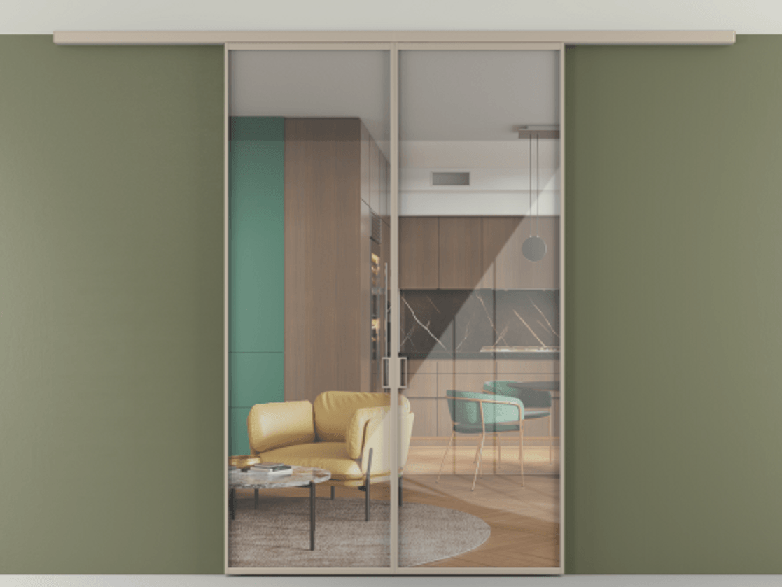 Перегородка Формато вдоль стены на потолок 2 створки АЛПР 040.01 Алюминий бисквитный Рефлективное прозрачное стекло "Стопсол", калёное Цена 40228920 so'm | Volhovec