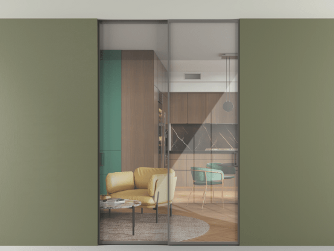 Перегородка Формато внутри проёма скрытое крепление в потолок 2 створки АЛПР 040.01 Алюминий классический серый Рефлективное прозрачное стекло "Стопсол", калёное Цена 59608920 so'm | Volhovec