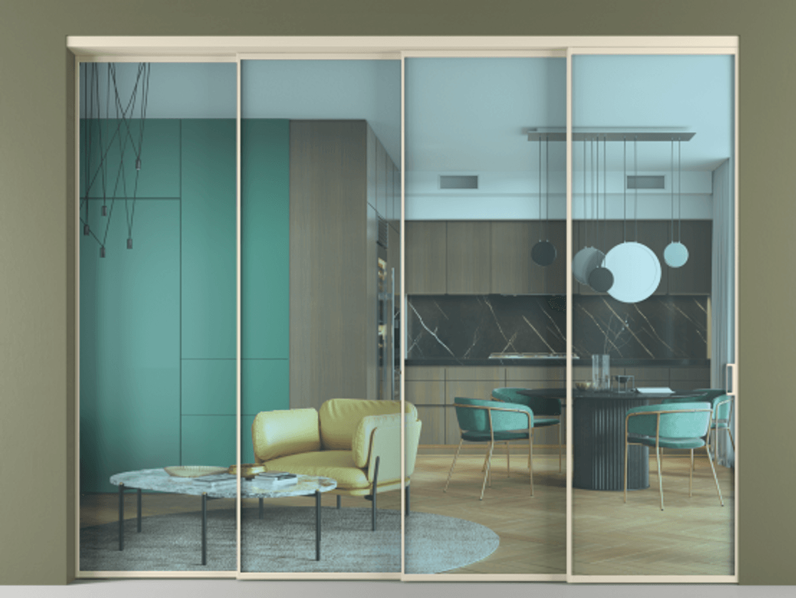 Перегородка Formato внутри проёма 4 створки с синхронным механизмом АЛПР 040.01 Алюминий бежево-серый Прозрачное голубое стекло, триплекс Цена 90627320 so'm | Volhovec