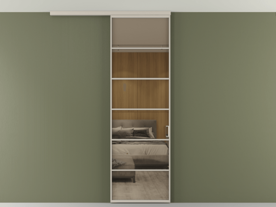 Перегородка Формато вдоль стены на потолок 1 створка АЛПР 040.04 Алюминий светло-бежевый Рефлективное бронзовое стекло "Стопсол", калёное Цена 23193160 so'm | Volhovec