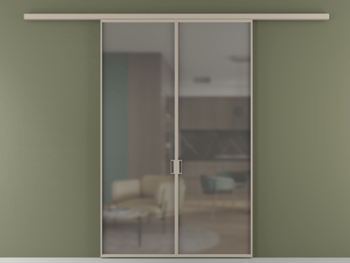 Перегородка Формато вдоль стены 2 створки АЛПР 040.01 Алюминий бисквитный Сатинированное серое стекло, триплекс Цена 38032050 so'm | Volhovec