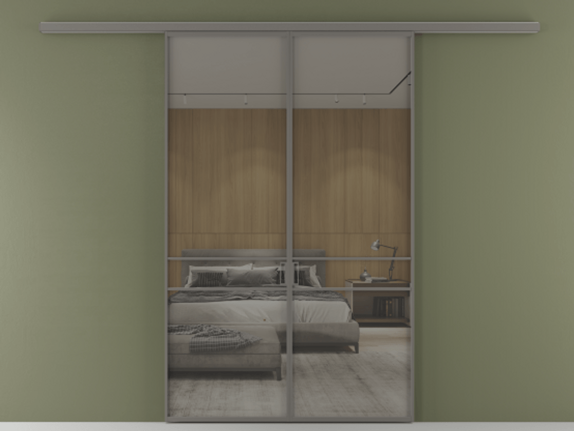 Перегородка Формато вдоль стены 2 створки АЛПР 040.02 Алюминий классический серый Рефлективное серое стекло "Стопсол", калёное Цена 50547000 so'm | Volhovec