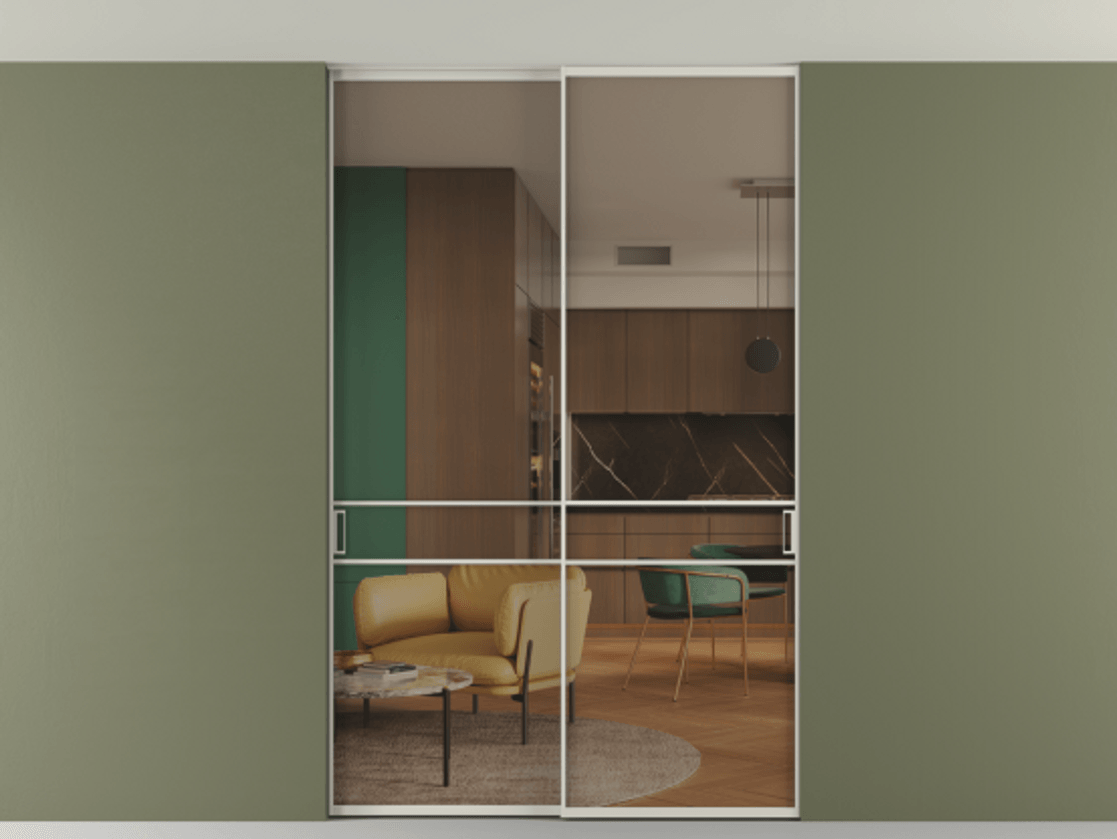 Перегородка Формато внутри проёма скрытое крепление в потолок 2 створки АЛПР 040.02 Алюминий облачно-серый Прозрачное бронзовое стекло, триплекс Цена 52064630 so'm | Volhovec