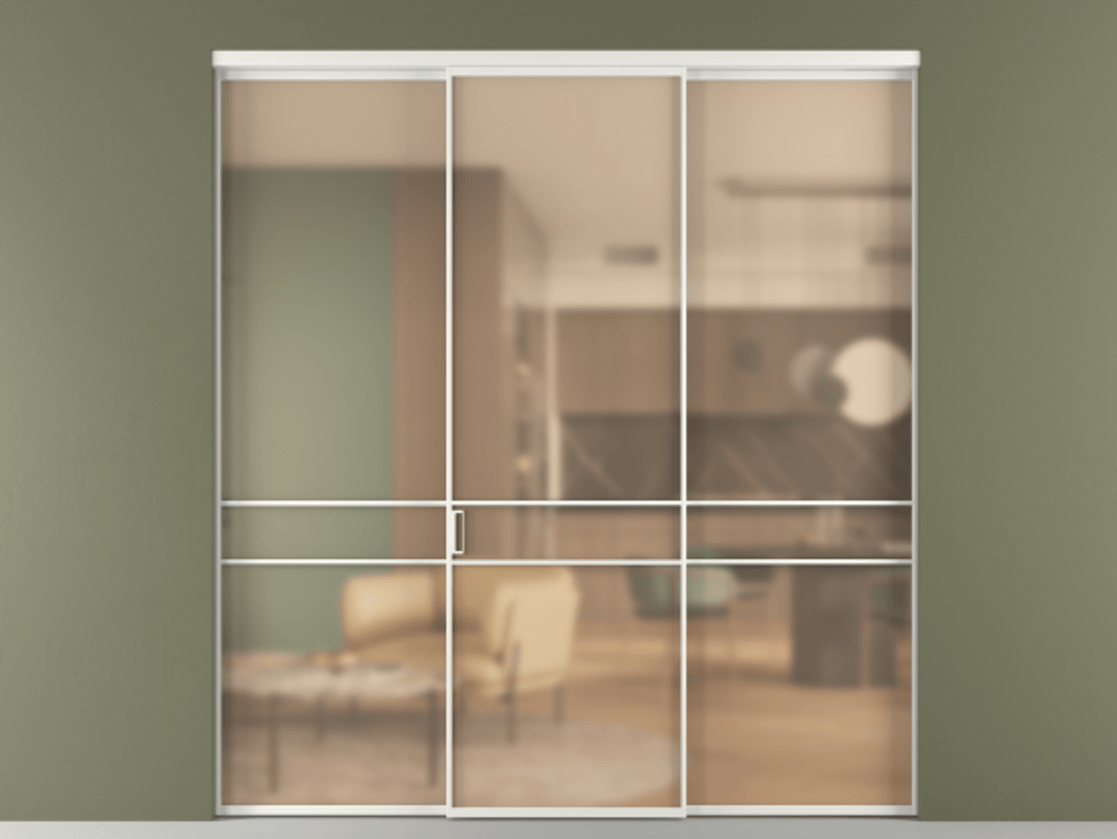 Перегородка Formato внутри проёма 3 створки АЛПР 040.02 Алюминий светло-серый Сатинированное оранжевое стекло, триплекс Цена 293600 ₽ | Volhovec