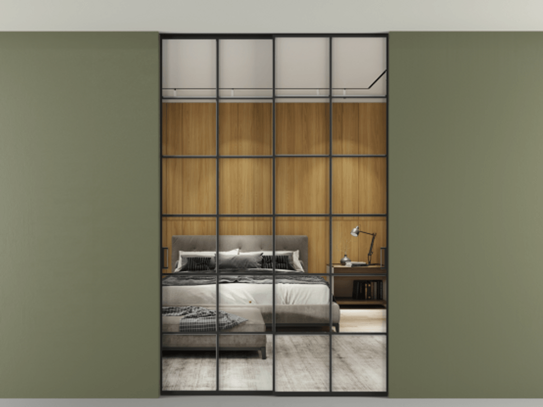 Перегородка Формато внутри проёма скрытое крепление в потолок 2 створки АЛПР 040.05 Алюминий Черный Двустороннее зеркало, триплекс , триплекс 6 мм Цена 51660460 so'm | Volhovec