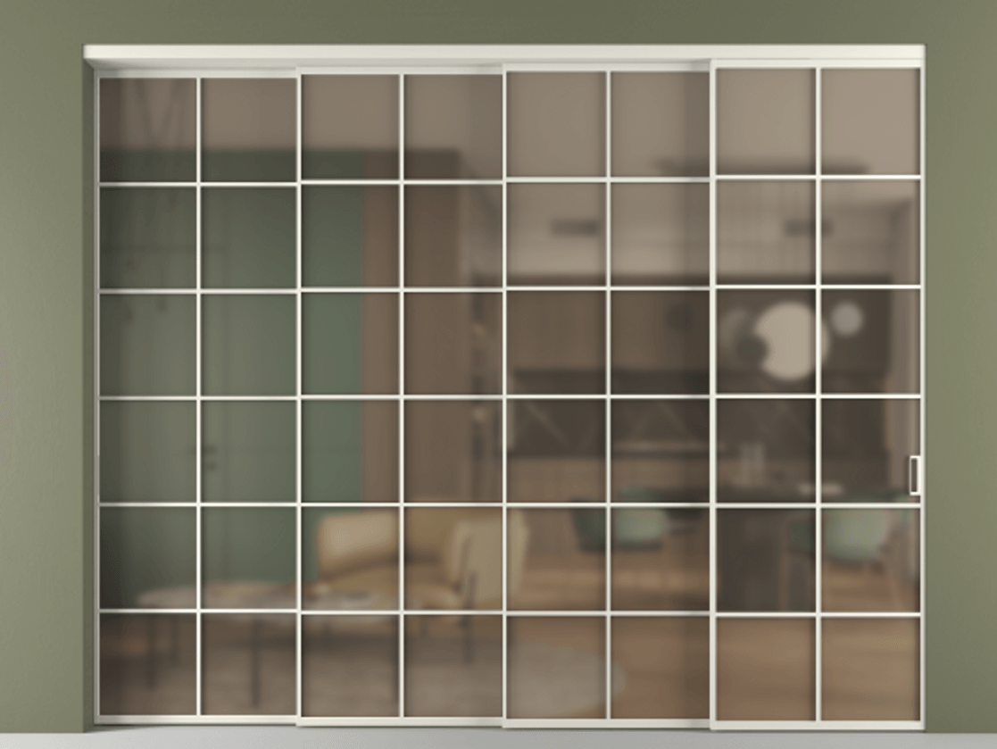 Перегородка Formato внутри проёма телескопик синхро 3 АЛПР 040.05 Алюминий Белый Сатинированное бронзовое стекло, триплекс, 6 мм Цена 498700 ₽ | Volhovec