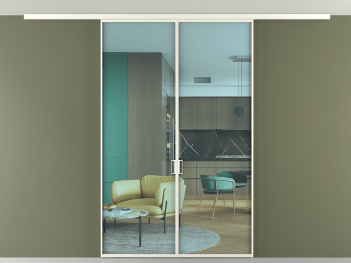 Перегородка Формато вдоль стены на потолок 2 створки АЛПР 040.01 Алюминий жемчужный Прозрачное голубое стекло, триплекс Цена 36074120 so'm | Volhovec