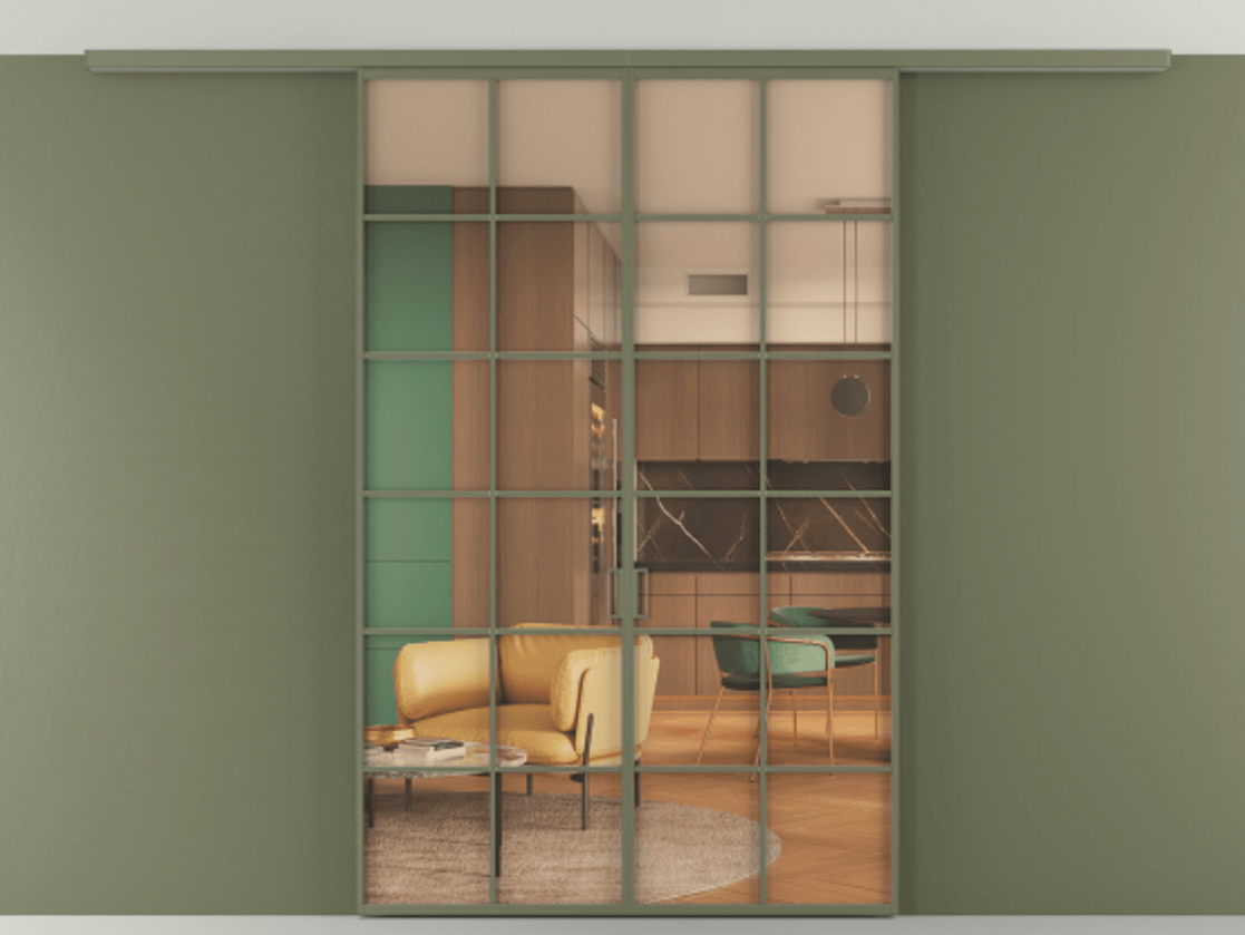 Перегородка Formato вдоль стены на потолок 2 створки АЛПР 040.05 Алюминий оливковый тёмный Прозрачное оранжевое стекло, триплекс Цена 42346670 so'm | Volhovec