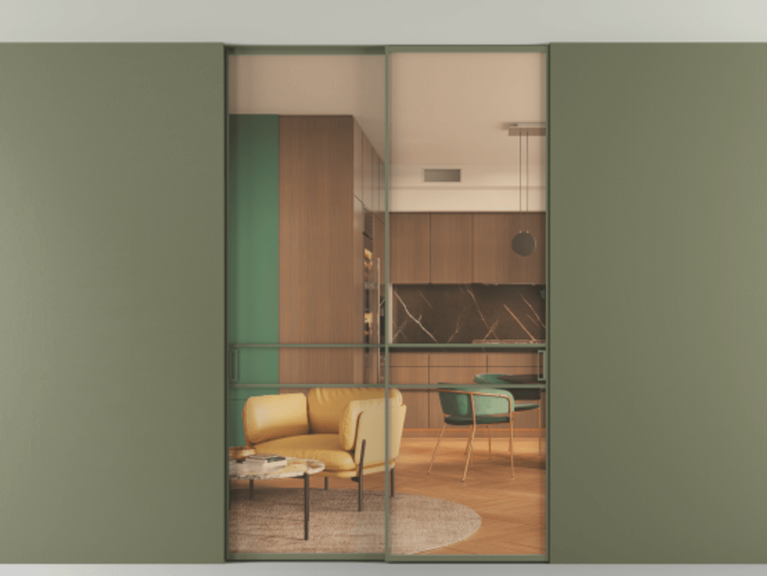 Перегородка Формато внутри проёма скрытое крепление в потолок 2 створки АЛПР 040.02 Алюминий оливковый тёмный Прозрачное оранжевое стекло, триплекс Цена 50387650 so'm | Volhovec