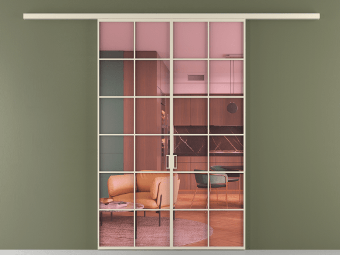 Перегородка Формато вдоль стены 2 створки АЛПР 040.05 Алюминий бежево-серый Прозрачное розовое стекло, триплекс Цена 42051450 so'm | Volhovec