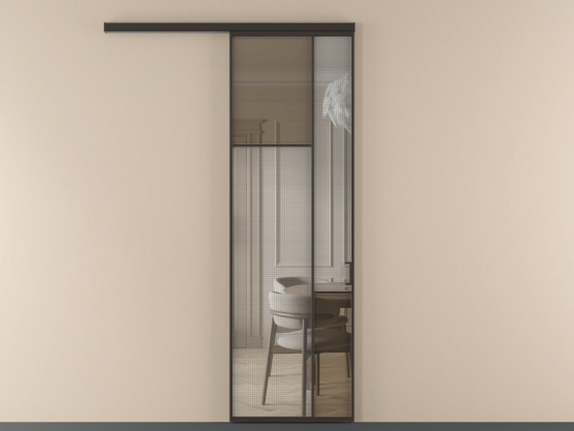 Перегородка Mosaic вдоль стены 1 створка АЛПР 041.10 Алюминий антрацит Декоративное стекло с сеткой "Mesh silver", триплекс, 6 мм + Прозрачное бронзовое стекло, триплекс Цена 29035090 so'm | Volhovec