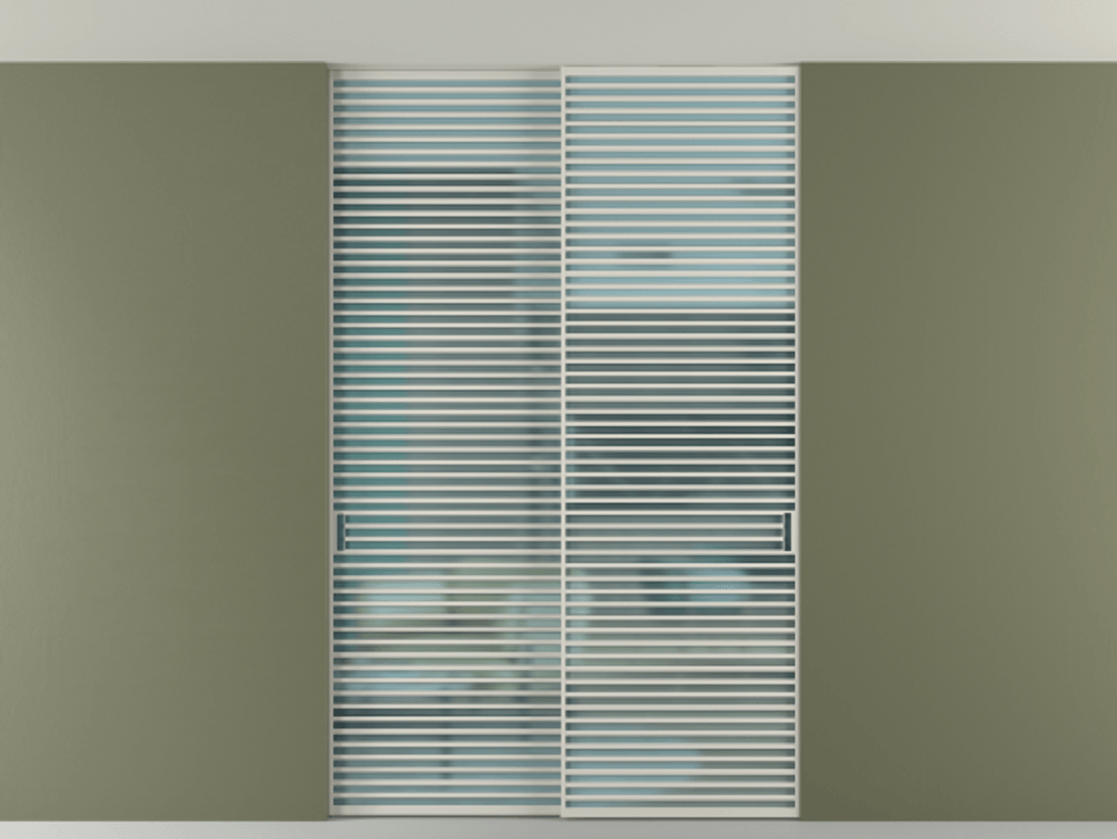 Перегородка Formato внутри проёма скрытое крепление в потолок 2 створки АЛПР 040.07 Алюминий тёплый серый Сатинированное голубое стекло, триплекс Цена 102539360 so'm | Volhovec