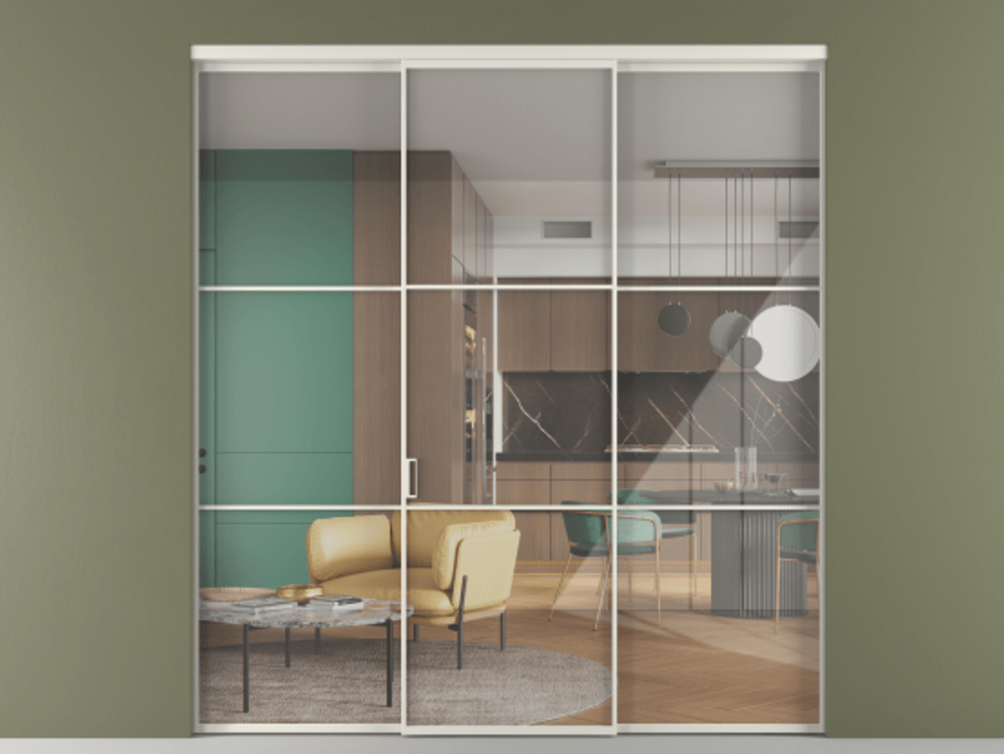 Перегородка Формато внутри проёма 3 створки АЛПР 040.03 Алюминий Белый Рефлективное прозрачное стекло "Стопсол", калёное Цена 62036800 so'm | Volhovec