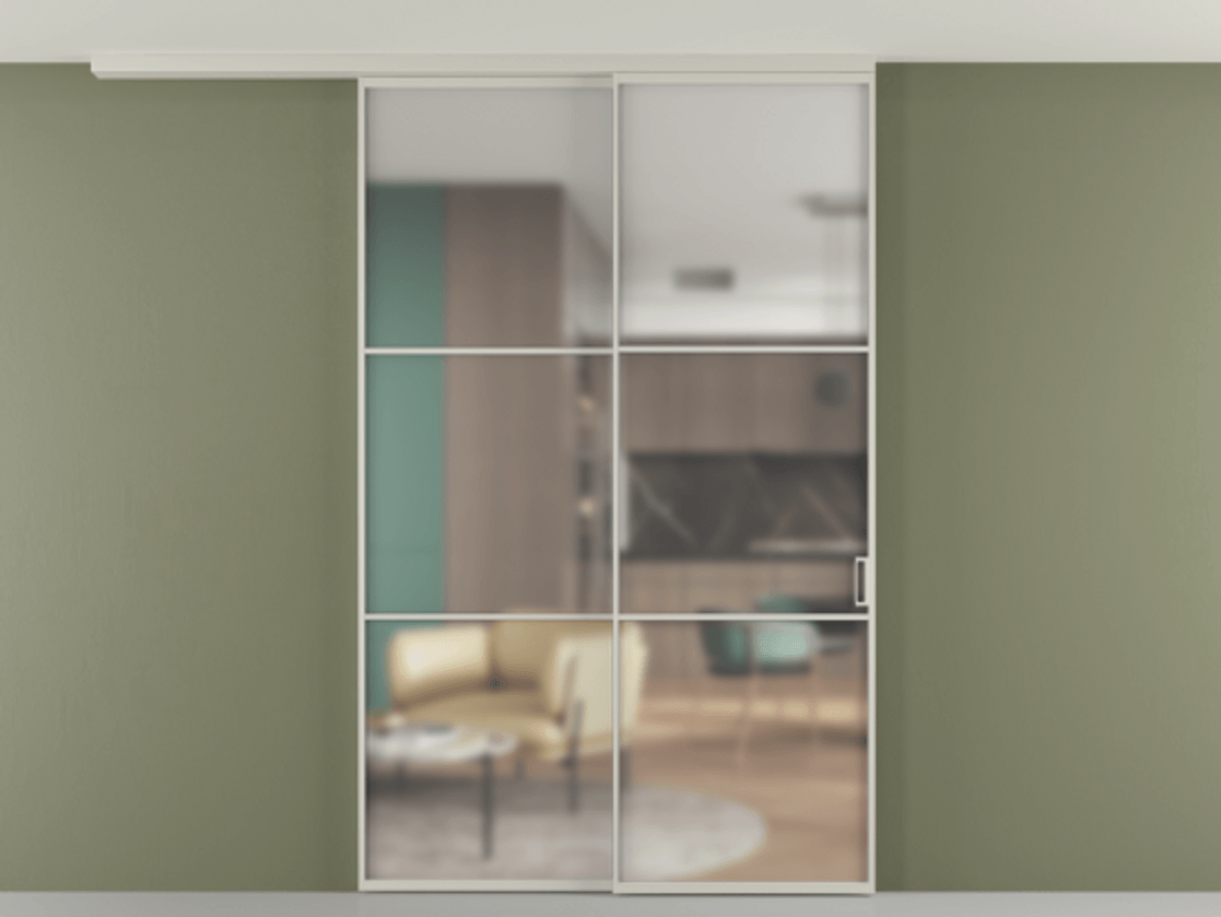 Перегородка Формато вдоль стены на потолок 2 створки с синхронным механизмом АЛПР 040.03 Алюминий тёплый серый Сатинированное стекло "Мателюкс Кристал Вижн", калёное, матовое, каленое 6 мм Цена 66385060 so'm | Volhovec