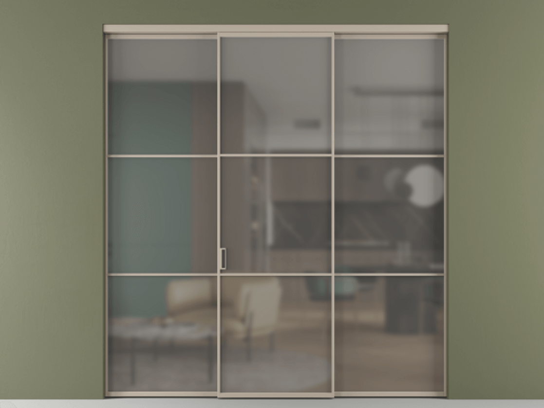 Перегородка Формато внутри проёма 3 створки АЛПР 040.03 Алюминий бисквитный Сатинированное серое стекло, триплекс Цена 48166830 so'm | Volhovec