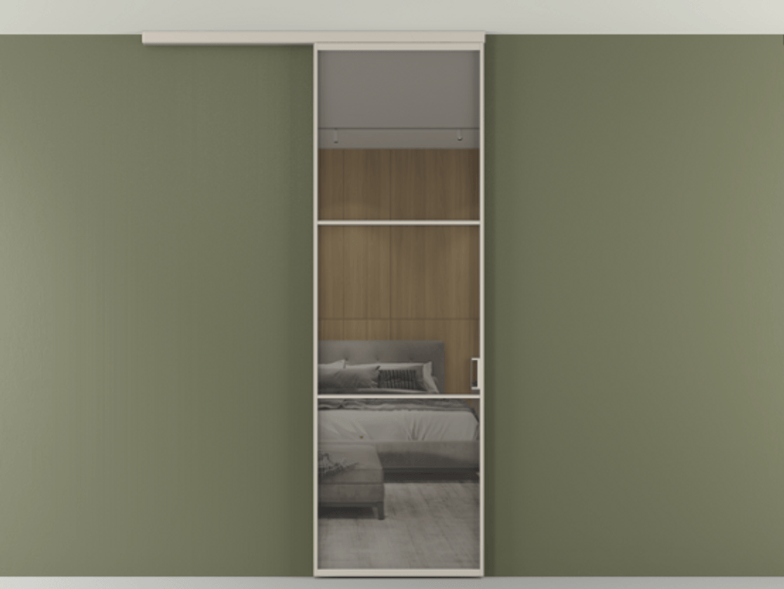 Перегородка Формато вдоль стены на потолок 1 створка АЛПР 040.03 Алюминий светло-бежевый Рефлективное серое стекло "Стопсол", калёное Цена 21799760 so'm | Volhovec