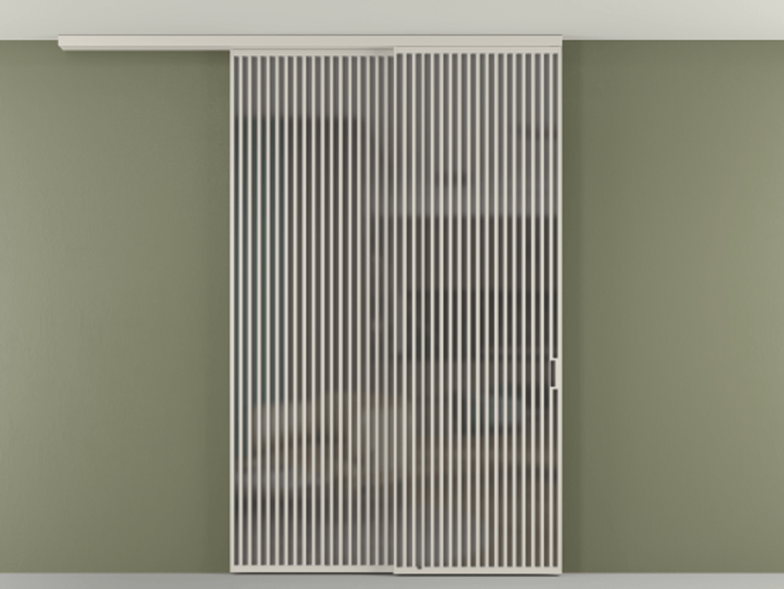 Перегородка Формато вдоль стены на потолок 2 створки с синхронным механизмом АЛПР 040.06 Алюминий облачно-серый Сатинированное серое стекло, триплекс Цена 91442570 so'm | Volhovec