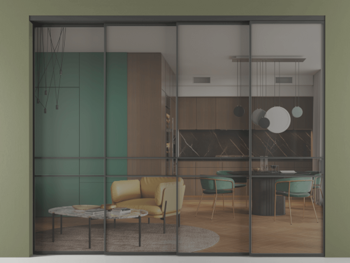 Перегородка Формато внутри проёма 4 створки с синхронным механизмом АЛПР 040.02 Графитовый Прозрачное серое стекло, триплекс. Цена 126700420 so'm 1. Полотно 4 шт. (800/2100 мм)
2. Комплект установки раздвижной системы
3. Базовый комплект фурнитуры
4. Комплект фурнитуры телескопик синхро-3
5. Ручка Рондо. Фабрика дверей Волховец 8 (800) 551 43 19 Перегородка Формато внутри проёма 4 створки с синхронным механизмом АЛПР 040.02 Графитовый Прозрачное серое стекло, триплекс Цена 126700420 so'm | Volhovec