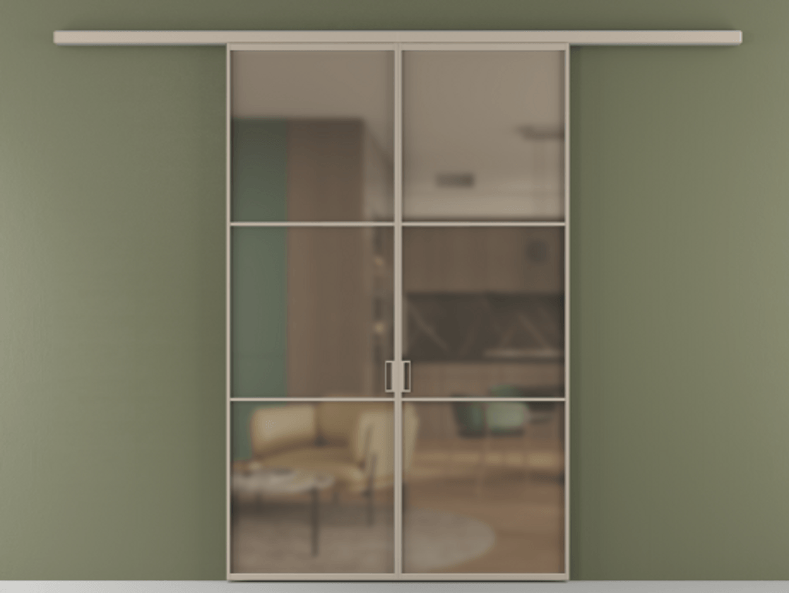 Перегородка Формато вдоль стены 2 створки АЛПР 040.03 Алюминий бисквитный Сатинированное бронзовое стекло, триплекс Цена 39676350 so'm | Volhovec