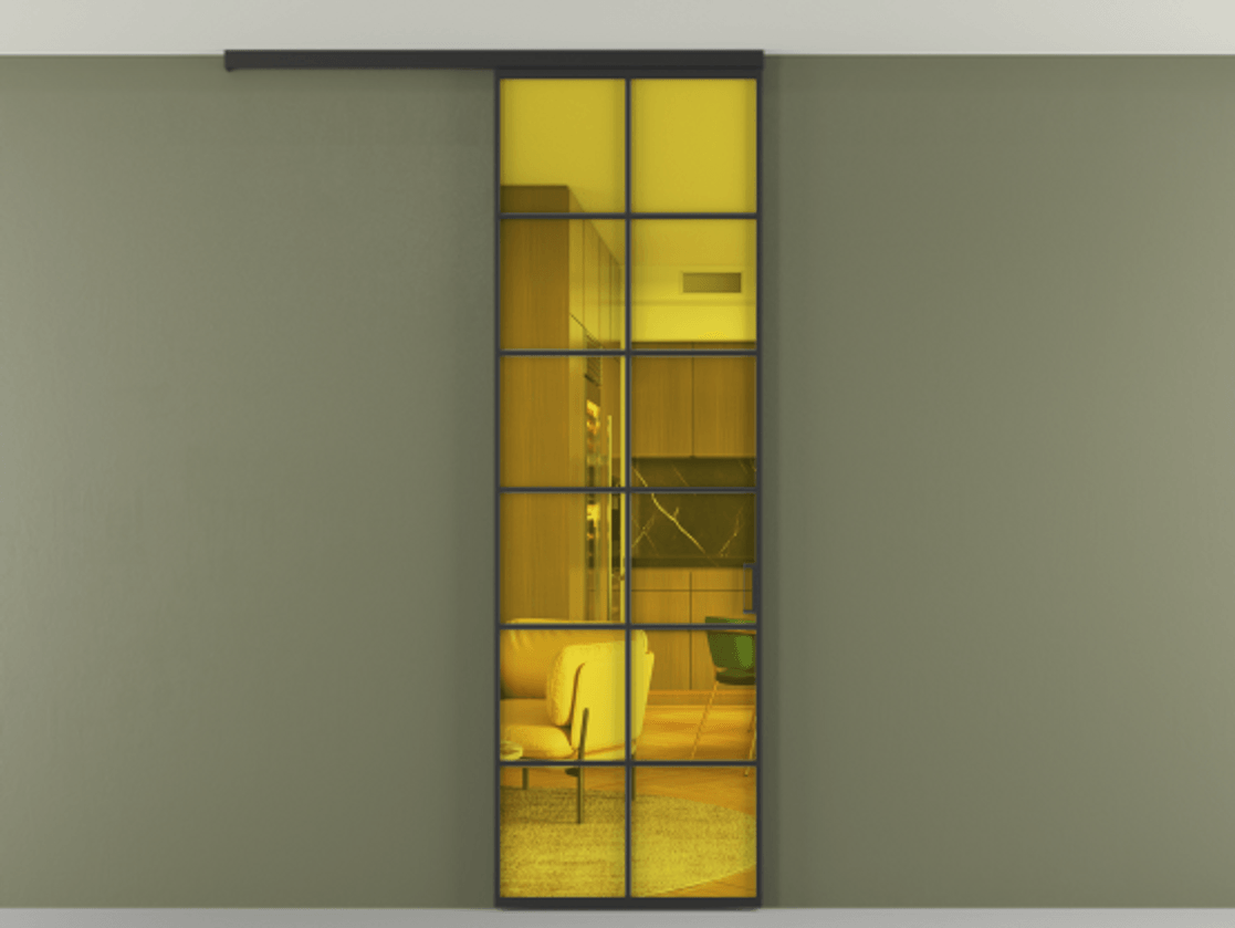 Перегородка Формато вдоль стены на потолок 1 створка АЛПР 040.05 Алюминий Черный Прозрачное жёлтое стекло, триплекс Цена 20156450 so'm | Volhovec