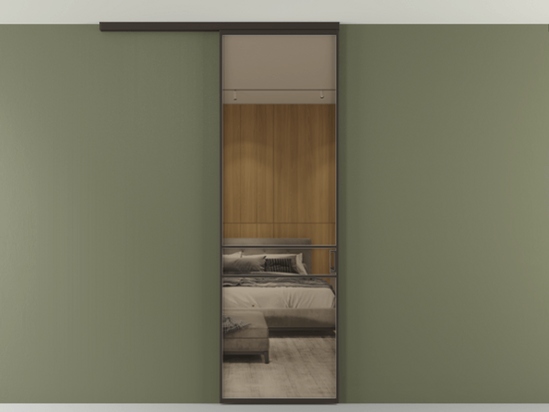 Перегородка Formato вдоль стены на потолок 1 створка АЛПР 040.02 Алюминий антрацит Рефлективное бронзовое стекло "Stopsol", калёное Цена 25478530 so'm | Volhovec