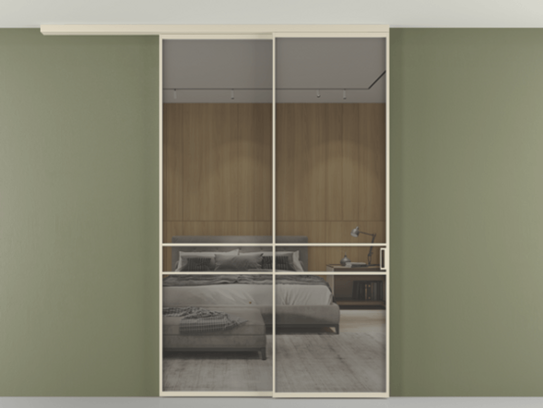 Перегородка Формато вдоль стены на потолок 2 створки с синхронным механизмом АЛПР 040.02 Алюминий бежево-серый Рефлективное серое стекло "Стопсол", калёное Цена 66385060 so'm | Volhovec