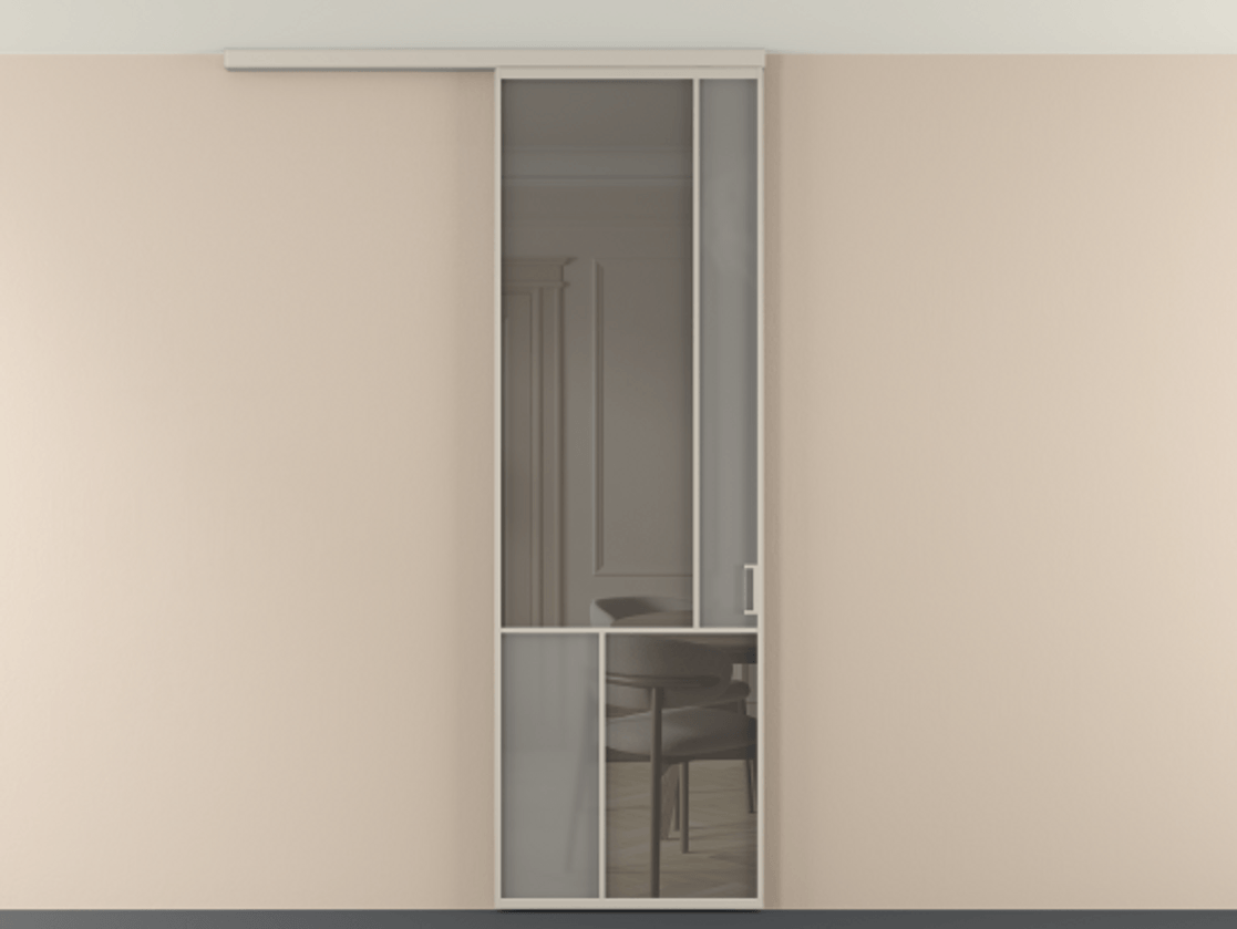 Перегородка Мозаик вдоль стены на потолок 1 створка АЛПР 041.21 Алюминий светло-бежевый Сатинированное серое стекло, триплекс, 6 мм + Прозрачное серое стекло, триплекс Цена 27413120 so'm | Volhovec