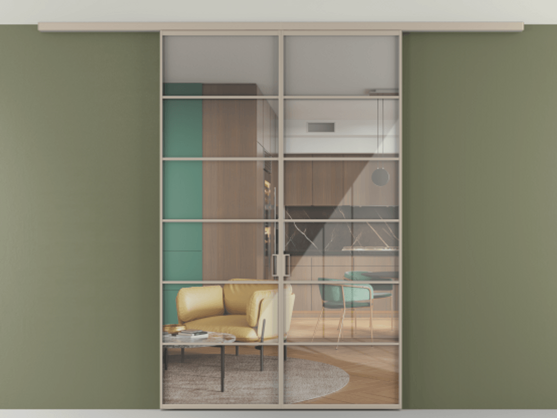 Перегородка Формато вдоль стены на потолок 2 створки АЛПР 040.04 Алюминий бисквитный Рефлективное прозрачное стекло "Стопсол", калёное Цена 221404 ₽ | Volhovec