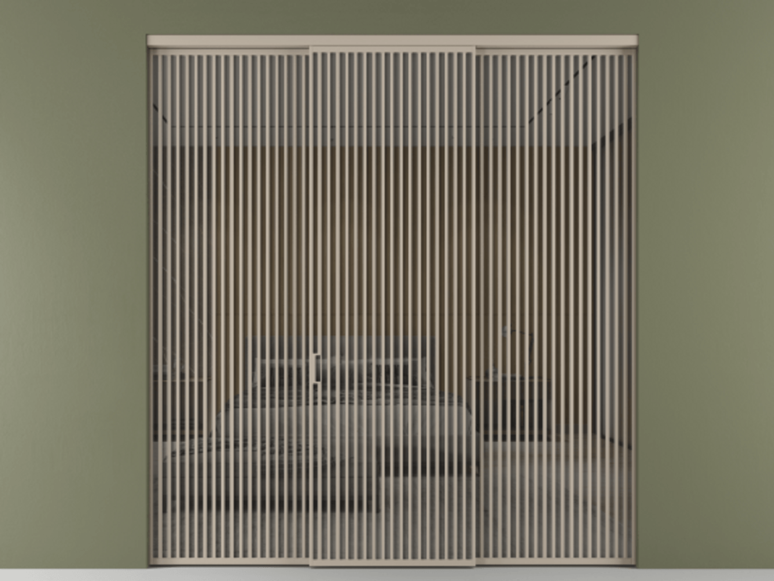 Перегородка Формато внутри проёма 3 створки АЛПР 040.06 Алюминий бисквитный Рефлективное серое стекло "Стопсол", калёное Цена 124154800 so'm | Volhovec