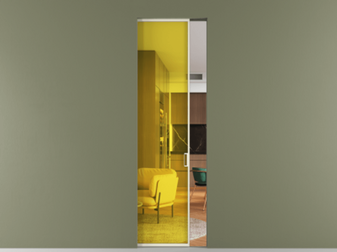 Перегородка Formato скрытый пенал 1 створка АЛПР 040.01 Алюминий молочно-белый Прозрачное жёлтое стекло, триплекс Цена 33495000 so'm | Volhovec