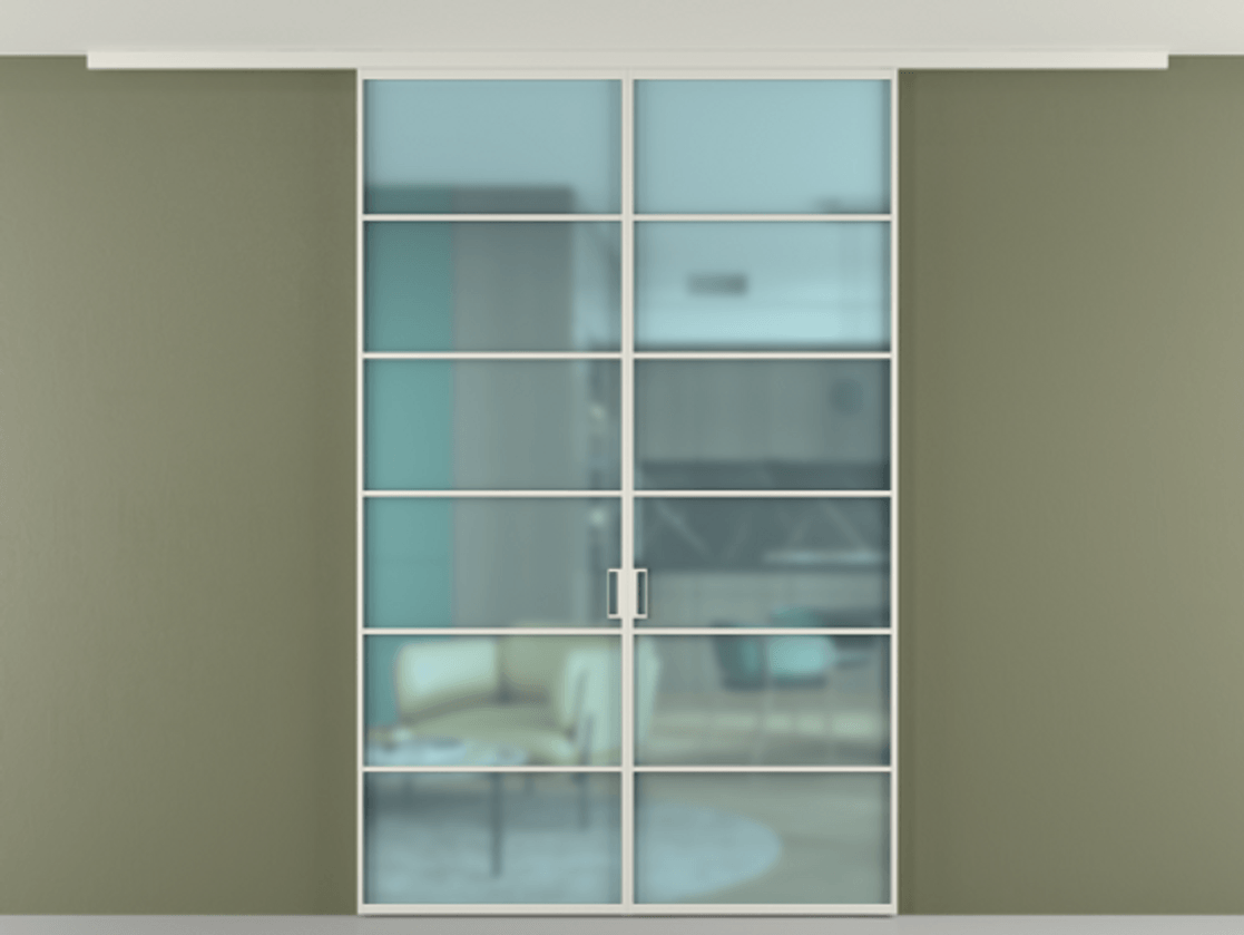 Перегородка Формато вдоль стены на потолок 2 створки АЛПР 040.04 Алюминий Белый Сатинированное голубое стекло, триплекс Цена 38932360 so'm | Volhovec