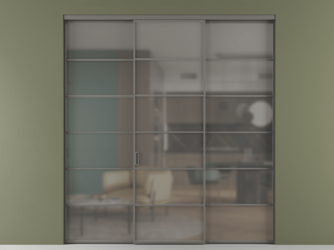 Перегородка Formato внутри проёма 3 створки АЛПР 040.04 Алюминий классический серый Сатинированное серое стекло, триплекс Цена 51729480 so'm | Volhovec