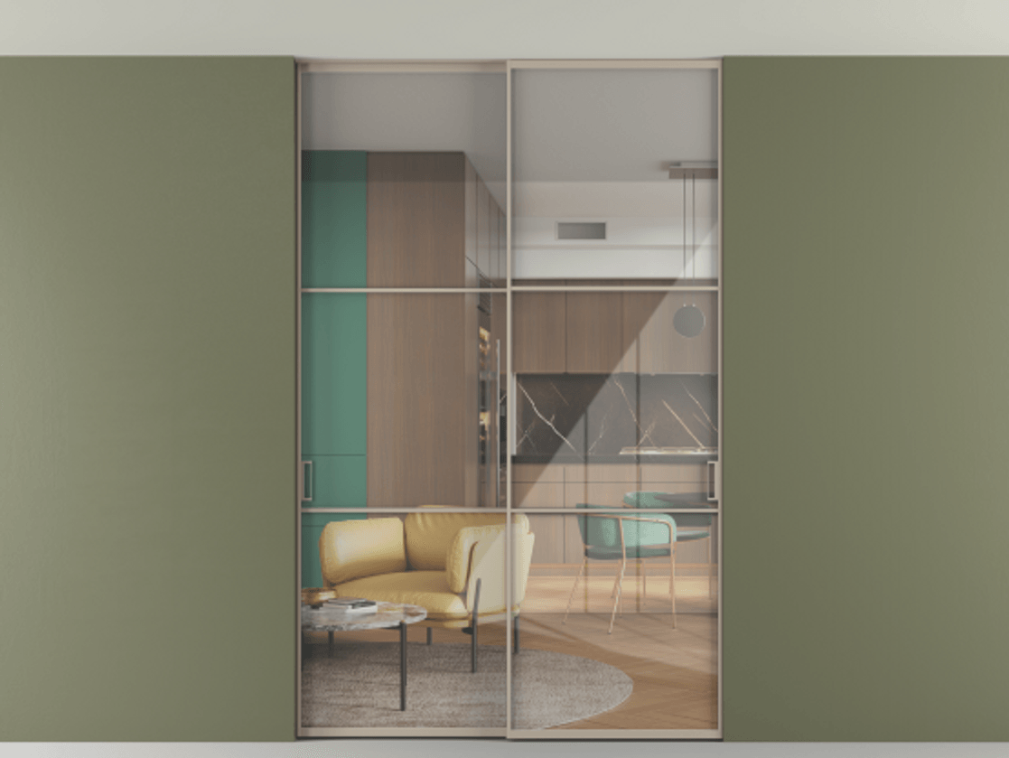 Перегородка Формато внутри проёма скрытое крепление в потолок 2 створки АЛПР 040.03 Алюминий бисквитный Рефлективное прозрачное стекло "Стопсол", калёное Цена 62020560 so'm | Volhovec