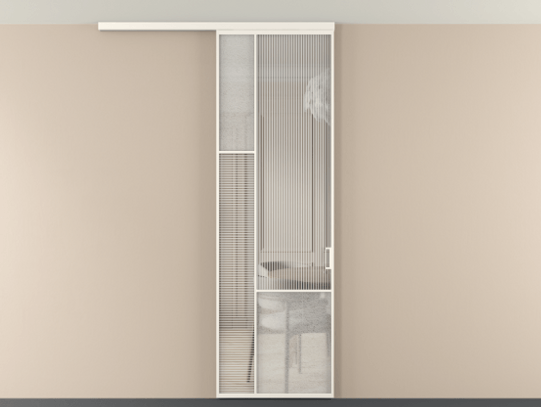 Перегородка Мозаик вдоль стены на потолок 1 створка АЛПР 041.13 Алюминий пудровый белый Рифлёное стекло "Дюна", триплекс, 6 мм + Фактурное стекло "Лёд", триплекс Цена 29037120 so'm | Volhovec