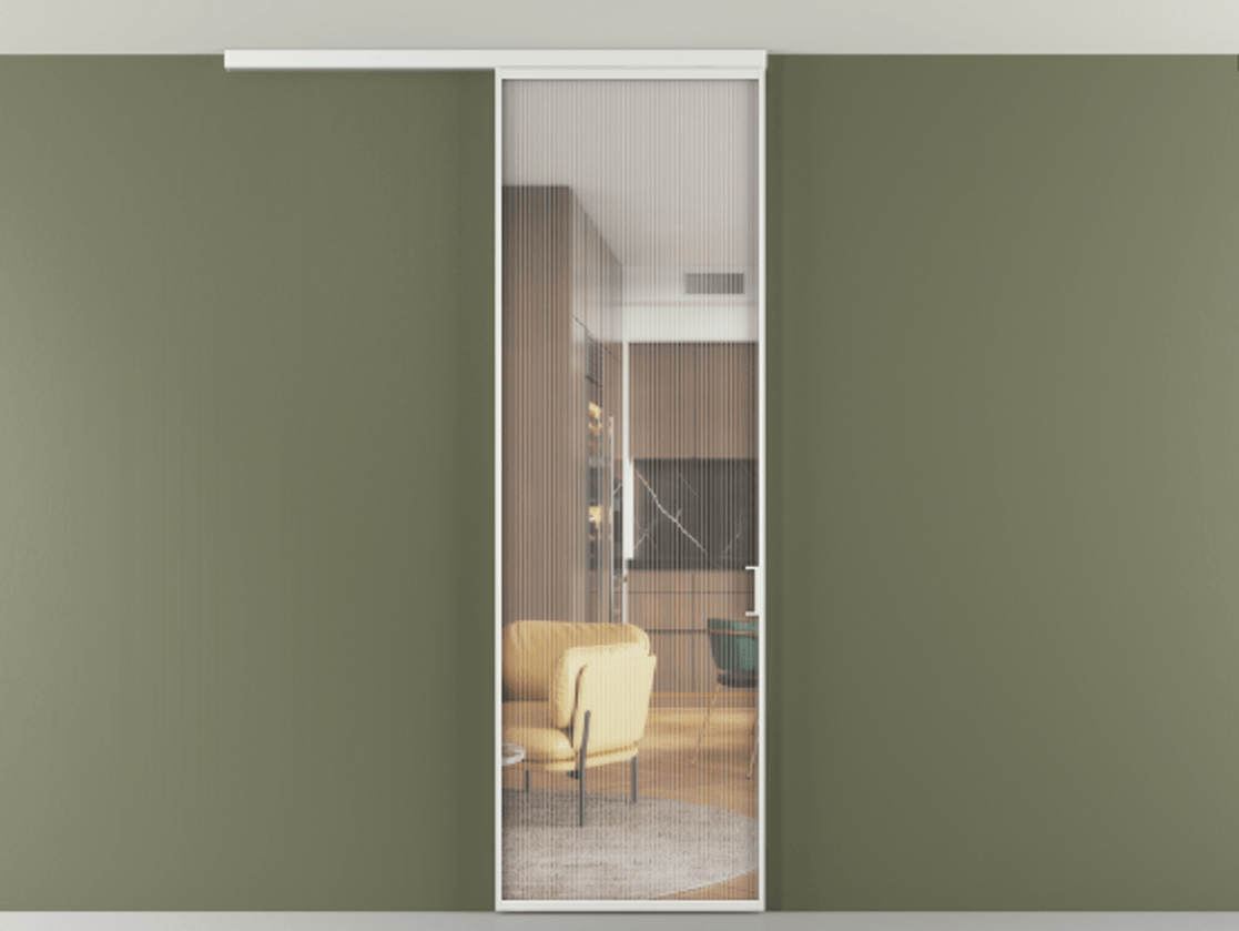 Перегородка Формато вдоль стены на потолок 1 створка АЛПР 040.01 Алюминий белоснежный Рифлёное стекло "Мору", триплекс Цена 19975810 so'm | Volhovec