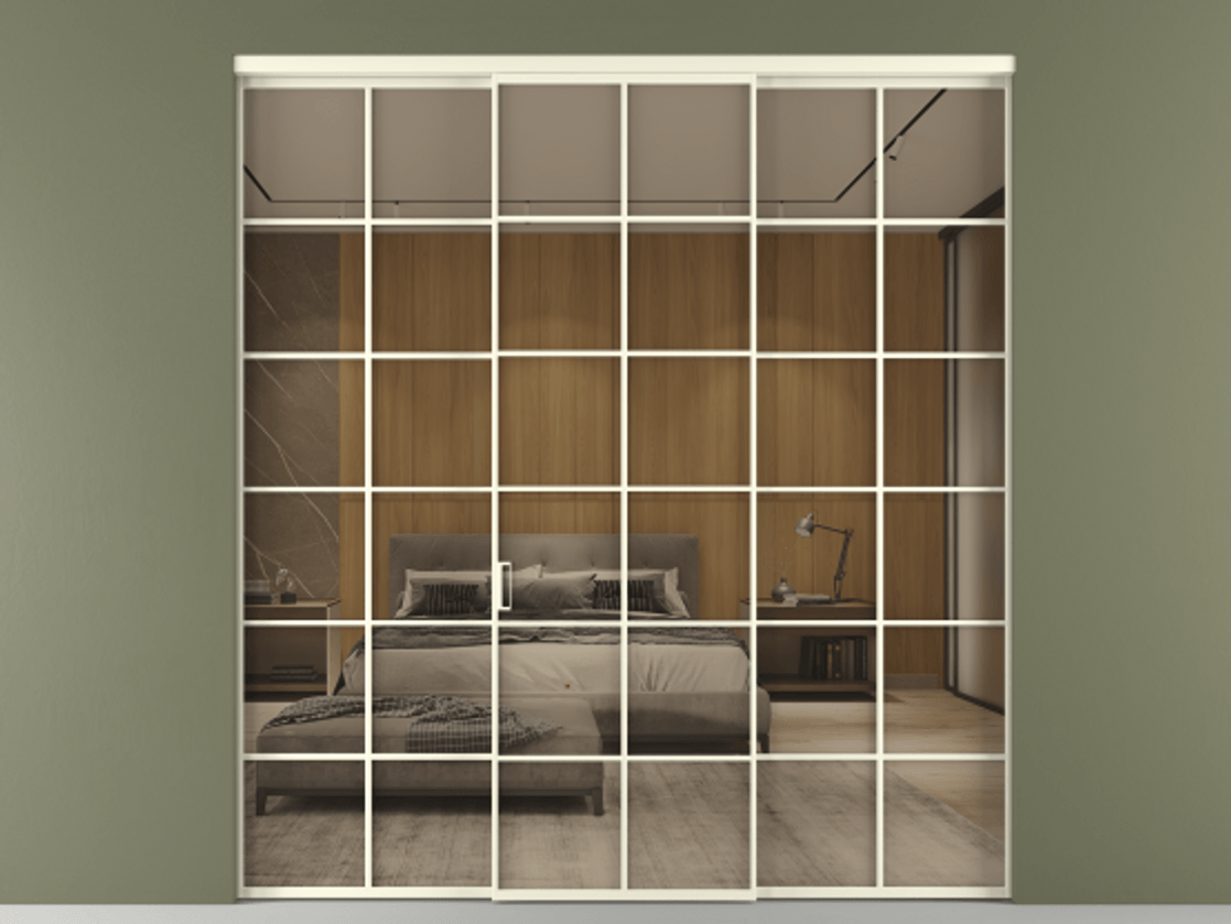 Перегородка Формато внутри проёма 3 створки АЛПР 040.05 Алюминий молочно-белый Рефлективное бронзовое стекло "Стопсол", калёное Цена 69223000 so'm | Volhovec