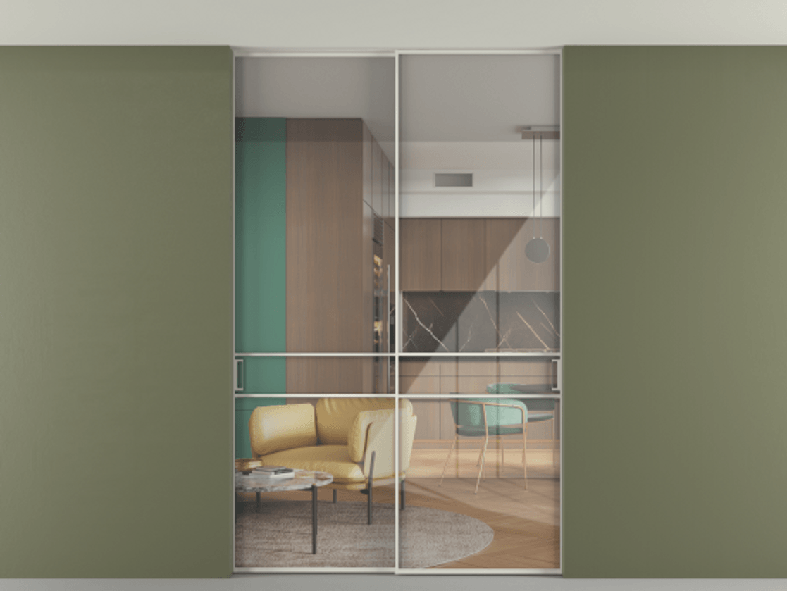 Перегородка Формато внутри проёма скрытое крепление в потолок 2 створки АЛПР 040.02 Алюминий Белый Рефлективное прозрачное стекло "Стопсол", калёное Цена 60412800 so'm | Volhovec