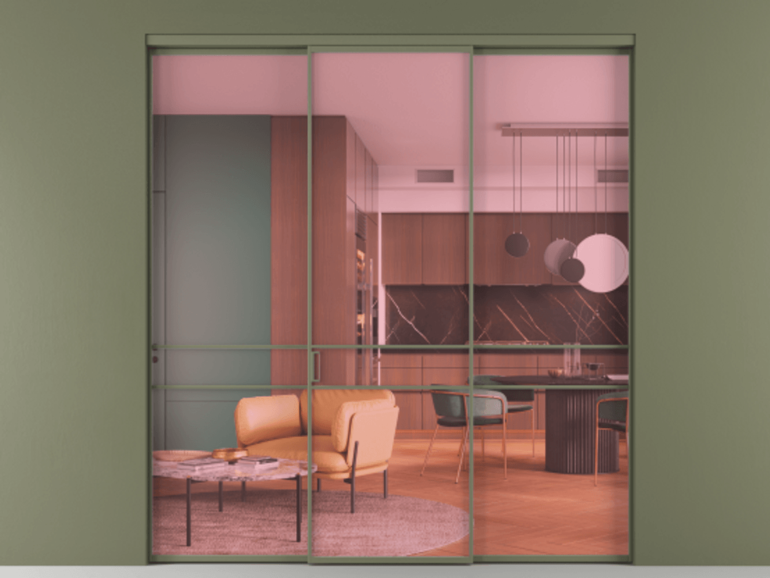 Перегородка Formato внутри проёма 3 створки АЛПР 040.02 Алюминий оливковый тёмный Прозрачное розовое стекло, триплекс Цена 48166830 so'm | Volhovec