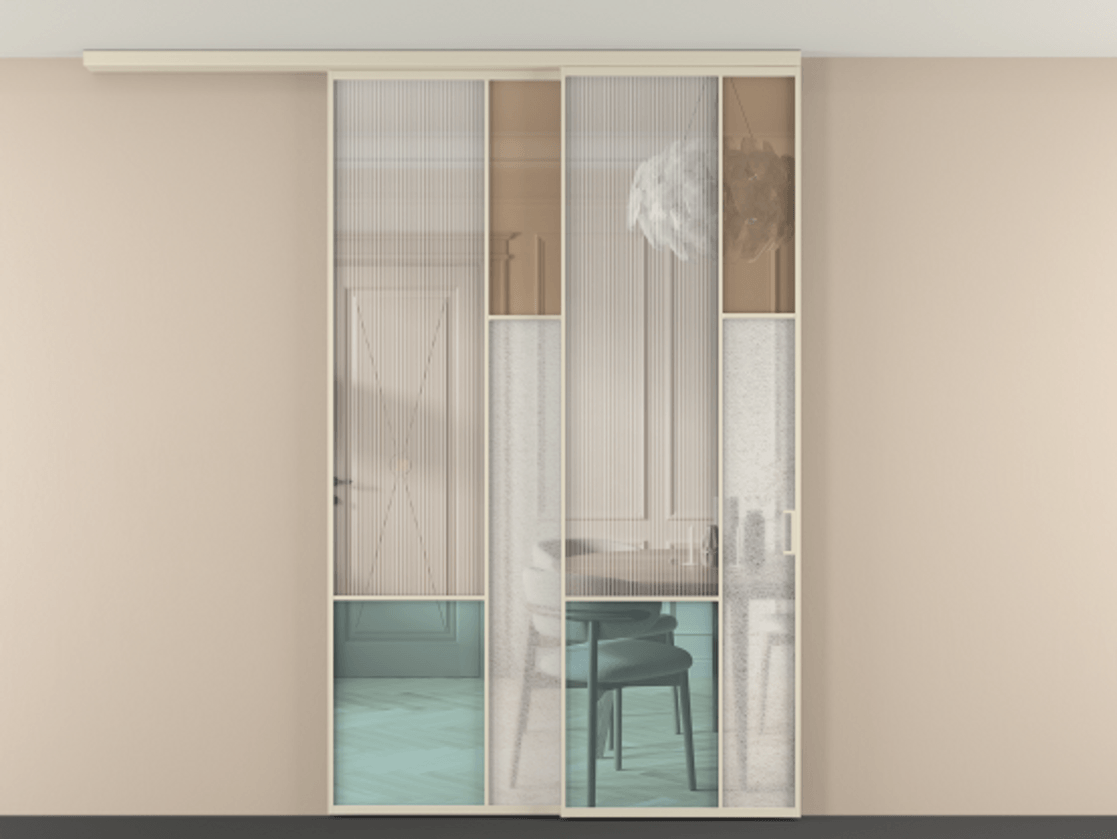 Перегородка Mosaic вдоль стены на потолок 2 створки с синхронным механизмом АЛПР 041.12 Алюминий бежево-серый Комбинация стекол Группы 1 и Группы 3 Цена 72690240 so'm | Volhovec