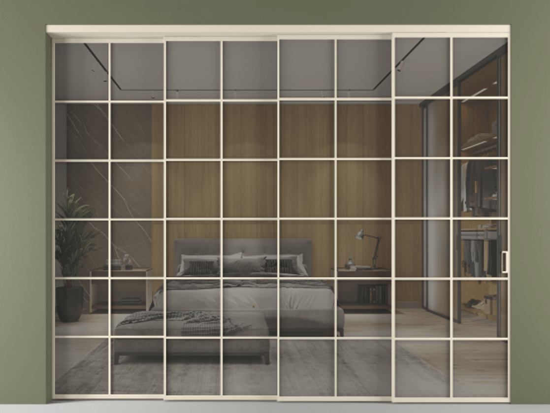 Перегородка Формато внутри проёма 4 створки с синхронным механизмом АЛПР 040.05 Алюминий бежево-серый Рефлективное серое стекло "Стопсол", калёное. Цена 104398840 so'm 1. Полотно 4 шт. (800/2100 мм)
2. Комплект установки раздвижной системы
3. Базовый комплект фурнитуры
4. Комплект фурнитуры телескопик синхро-3
5. Ручка Рондо. Фабрика дверей Волховец 8 (800) 551 43 19 Перегородка Формато внутри проёма 4 створки с синхронным механизмом АЛПР 040.05 Алюминий бежево-серый Рефлективное серое стекло "Стопсол", калёное Цена 104398840 so'm | Volhovec