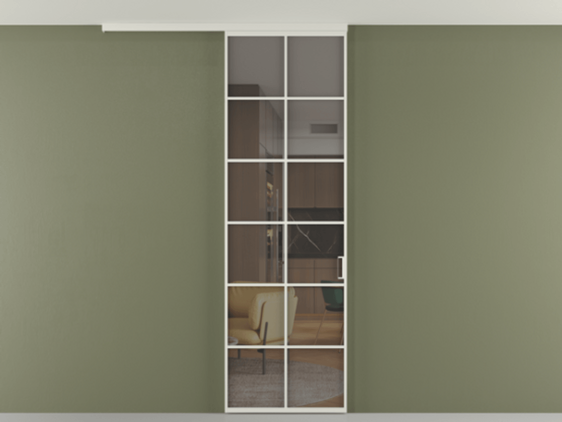 Перегородка Формато вдоль стены на потолок 1 створка АЛПР 040.05 Алюминий Белый Прозрачное серое стекло, триплекс Цена 20156480 so'm | Volhovec