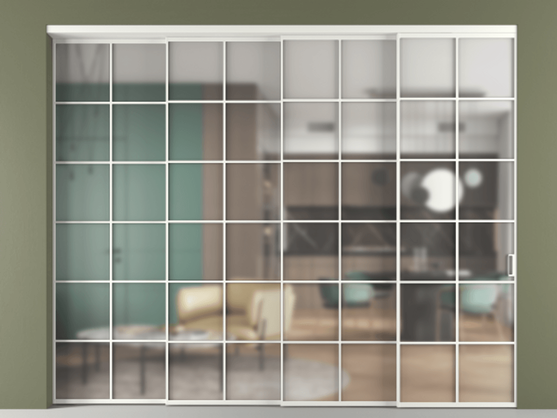 Перегородка Формато внутри проёма 4 створки с синхронным механизмом АЛПР 040.05 Алюминий светло-серый Сатинированное стекло "Мателюкс Кристал Вижн", калёное, матовое, каленое 6 мм Цена 104398840 so'm | Volhovec