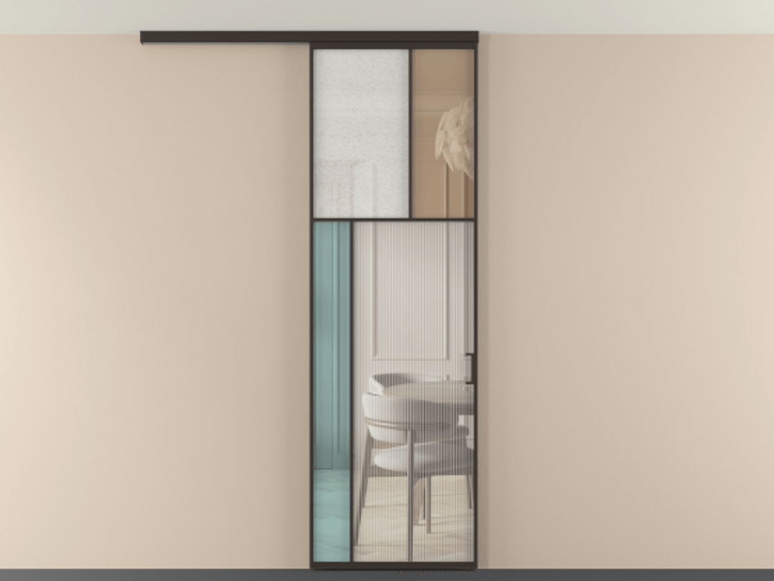 Перегородка Мозаик вдоль стены на потолок 1 створка АЛПР 041.22 Алюминий антрацит Комбинация стекол Группы 1 и Группы 3 Цена 28631120 so'm | Volhovec