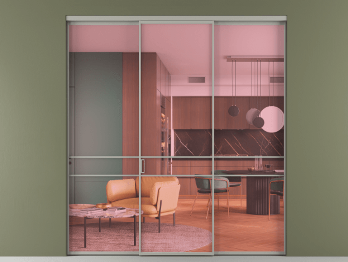 Перегородка Формато внутри проёма 3 створки АЛПР 040.02 Алюминий нейтральный серый Прозрачное розовое стекло, триплекс Цена 48166830 so'm | Volhovec