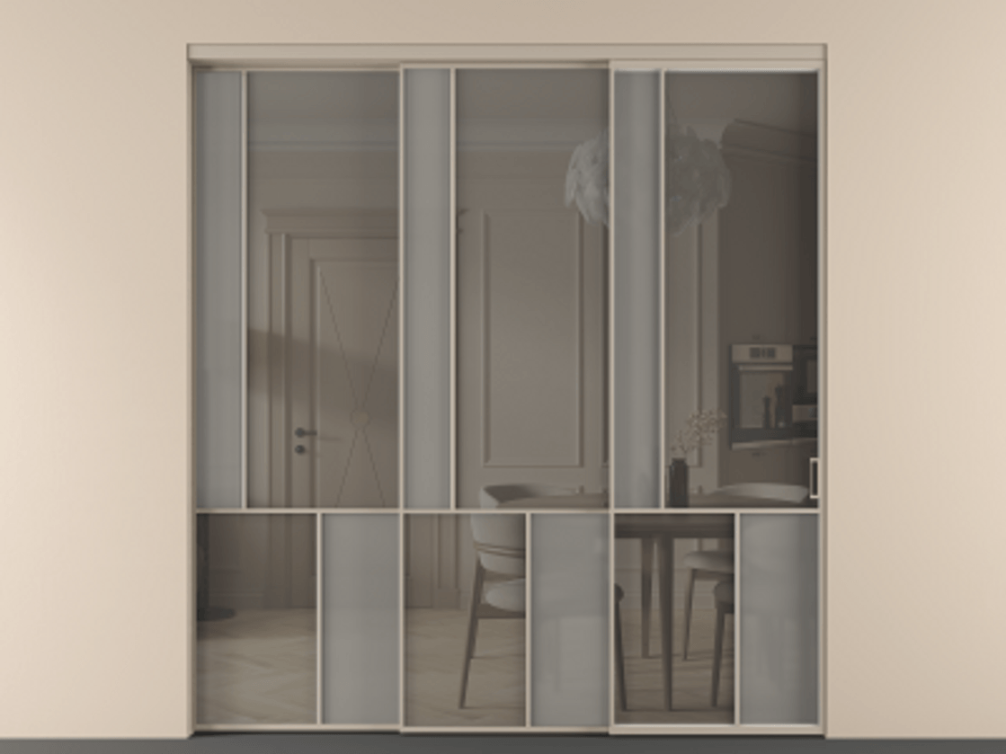 Перегородка Мозаик внутри проёма 3 створки с синхронным механизмом АЛПР 041.20  Алюминий бисквитный Сатинированное серое стекло, триплекс, 6 мм + Прозрачное серое стекло, триплекс Цена 88790170 so'm | Volhovec