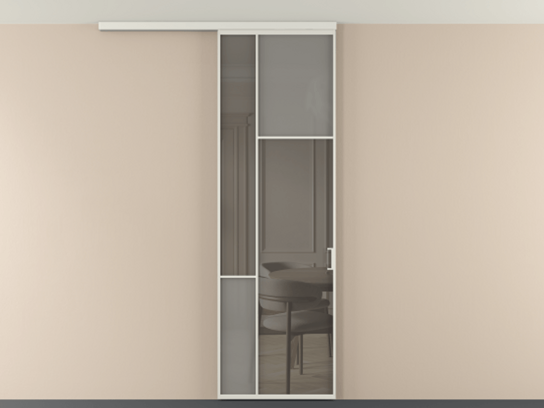 Перегородка Мозаик вдоль стены на потолок 1 створка АЛПР 041.11 Алюминий серый Сатинированное серое стекло, триплекс, 6 мм + Прозрачное серое стекло, триплекс Цена 27413120 so'm | Volhovec