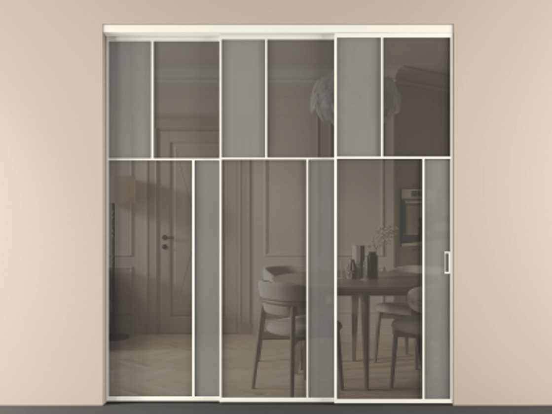 Перегородка Mosaic внутри проёма 3 створки с синхронным механизмом АЛПР 041.23 Алюминий жемчужный Сатинированное серое стекло, триплекс, 6 мм + Прозрачное серое стекло, триплекс Цена 88790170 so'm | Volhovec