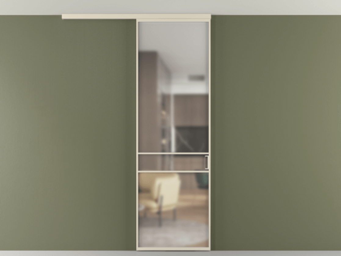 Перегородка Formato вдоль стены на потолок 1 створка АЛПР 040.02 Алюминий бежево-серый Сатинированное стекло "Matelux Crystal Vision", калёное, матовое, каленое 6 мм Цена 25478530 so'm | Volhovec